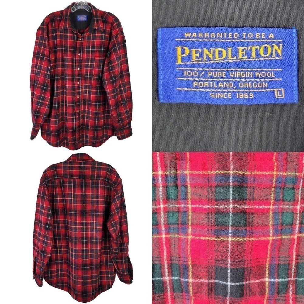 VINTAGE Pendleton Shirt Mens Large Red Check Macinnes Plaid Field Wool Button